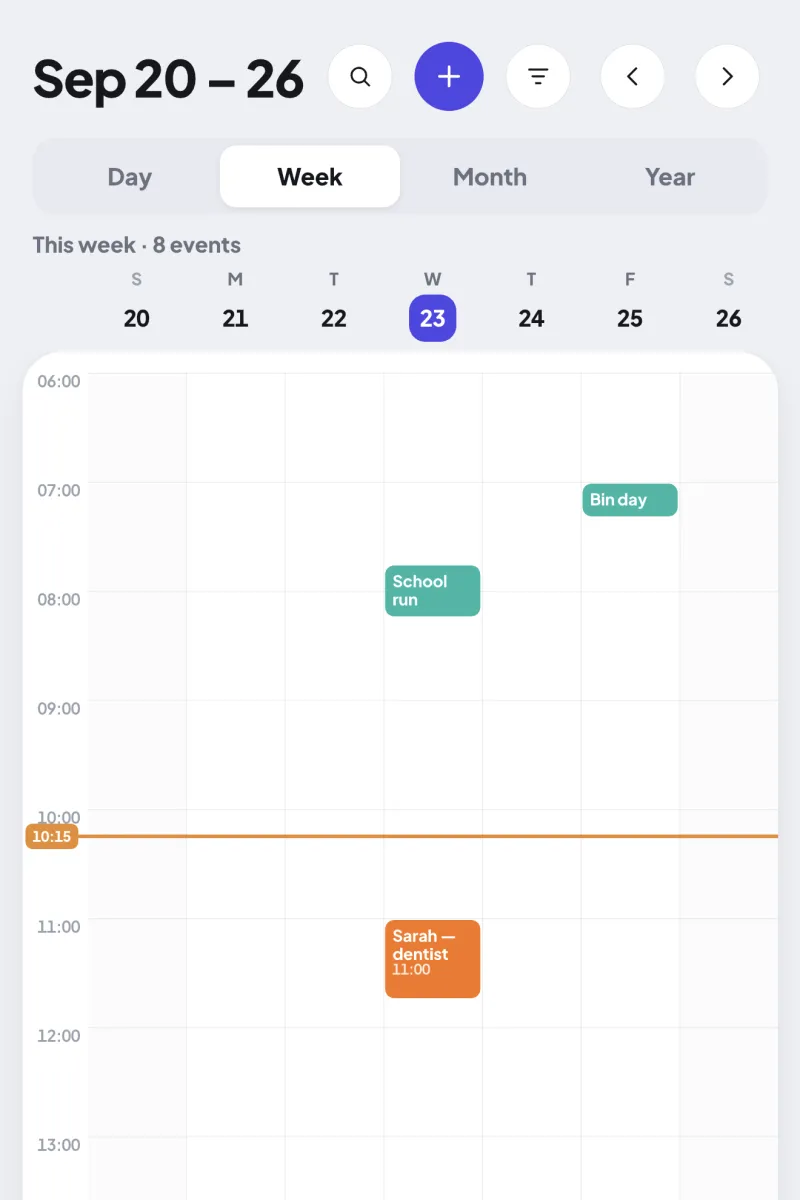 The Ourfold week view, with each event in its family member’s color